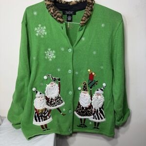 Vintage Crystal Kobe Women's Christmas Santa Sweater Cardigan XL Button down